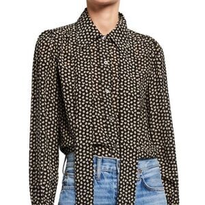 Re/Done 70s Tie Blouse in Beige and Black Croissant Print Size S